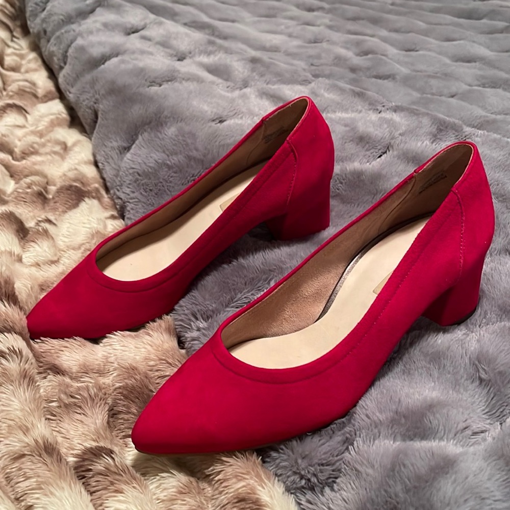 Paul Green red suede block pumps.